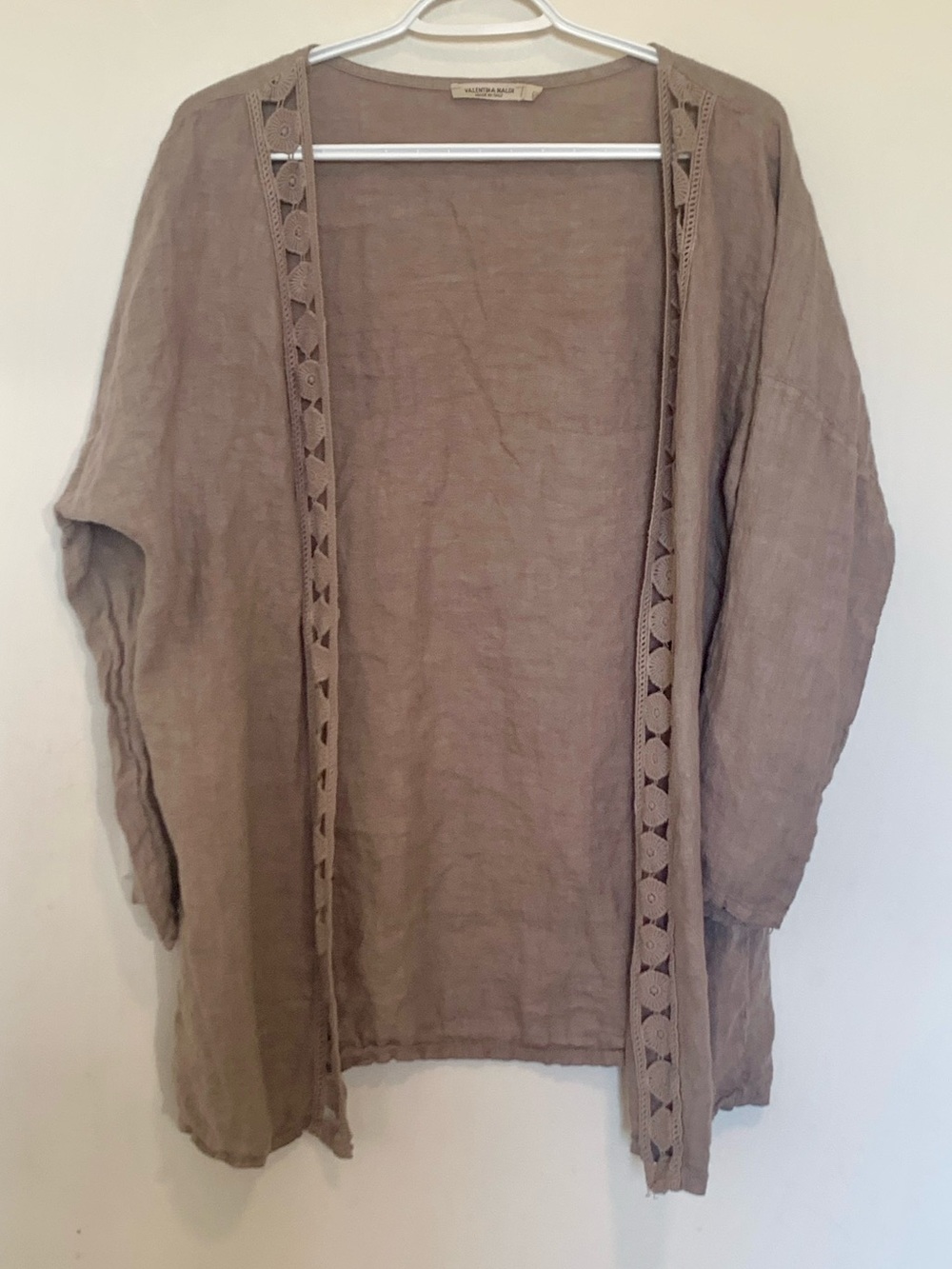 100% Linen Brown Open Front Long Line Cardigan Crochet Trim Size Small Italy